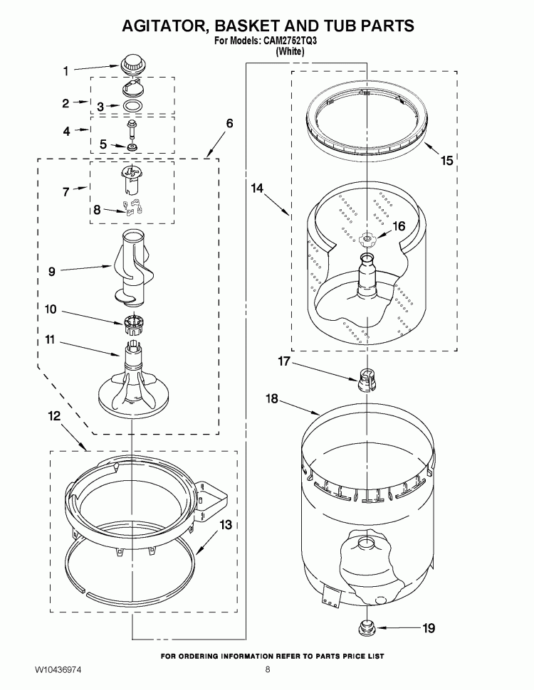 AGITATOR, BASKET AND TUB PARTS Diagram and Parts List for CAM2752TQ3  Whirlpool Washer