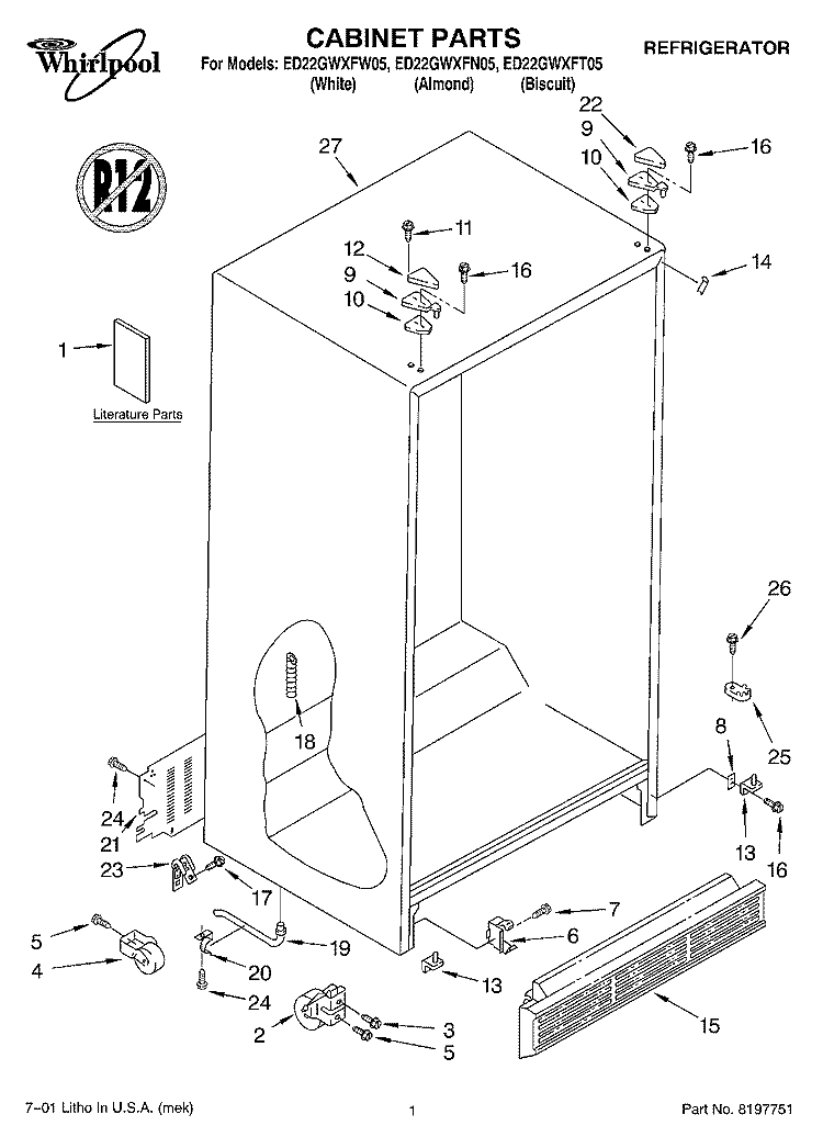 CABINET, LITERATURE Diagram and Parts List for ED22GWXFT05  Whirlpool Refrigerator