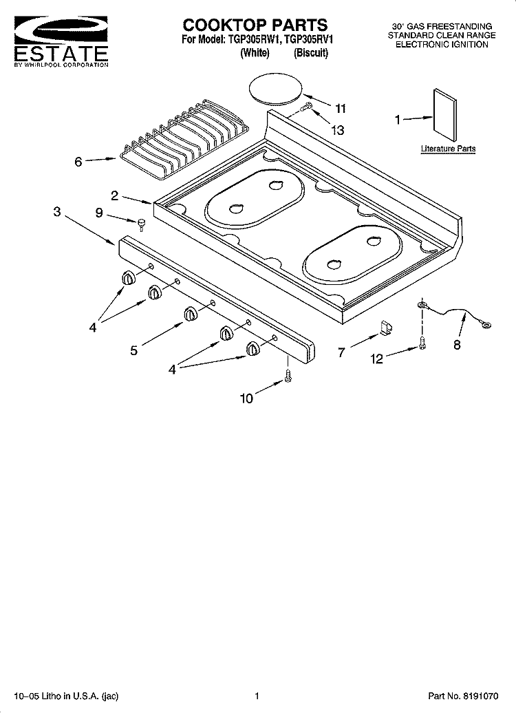 COOKTOP PARTS Diagram and Parts List for TGP305RV1  Estate Range