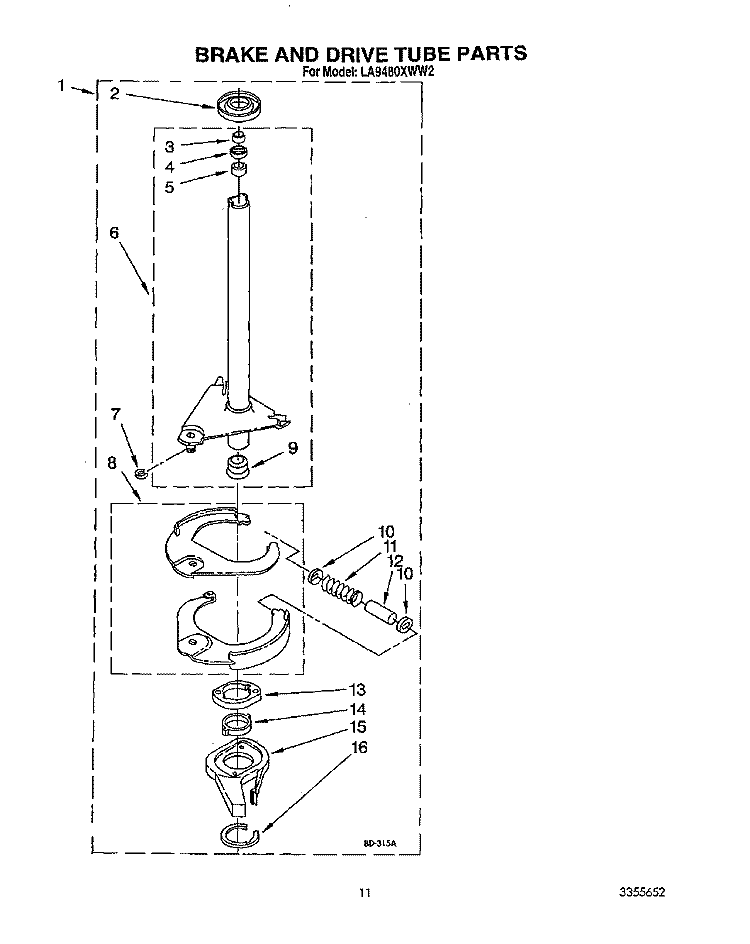 BRAKE AND DRIVE TUBE Diagram and Parts List for LA9480XWF2  Whirlpool Washer