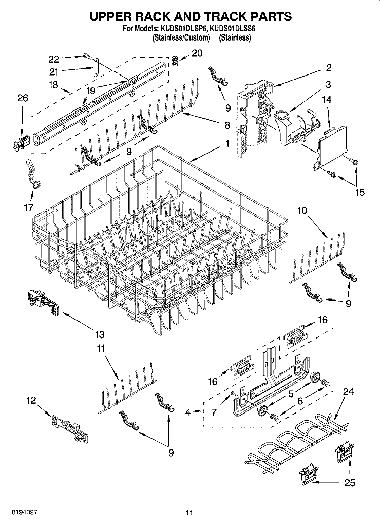 UPPER RACK AND TRACK PARTS Diagram and Parts List for KUDS01DLSP6  KitchenAid Dishwasher