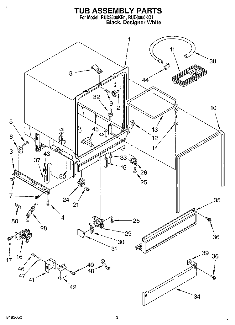 TUB ASSEMBLY Diagram and Parts List for RUD3000KB1  Roper Dishwasher