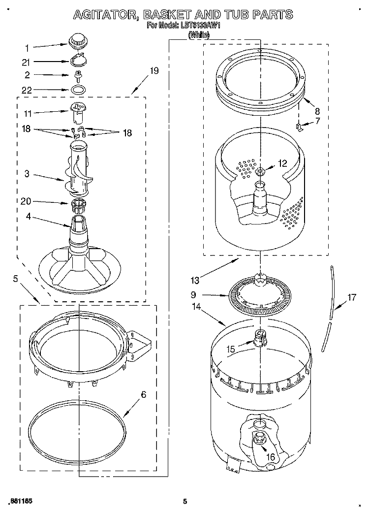 AGITATOR, BASKET AND TUB Diagram and Parts List for LBT6133AW1  Whirlpool Washer