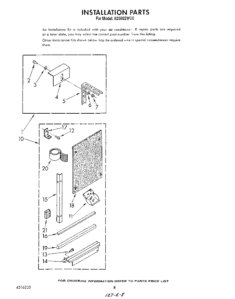 INSTALLATION Diagram and Parts List for X05002W00  Roper Air Conditioner