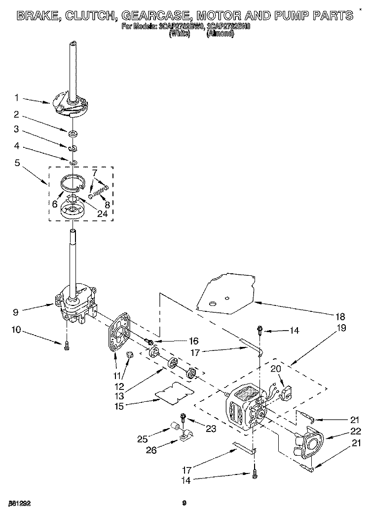 BRAKE, CLUTCH, GEARCASE, MOTOR AND PUMP Diagram and Parts List for 3CAP2782BN0  Whirlpool Washer