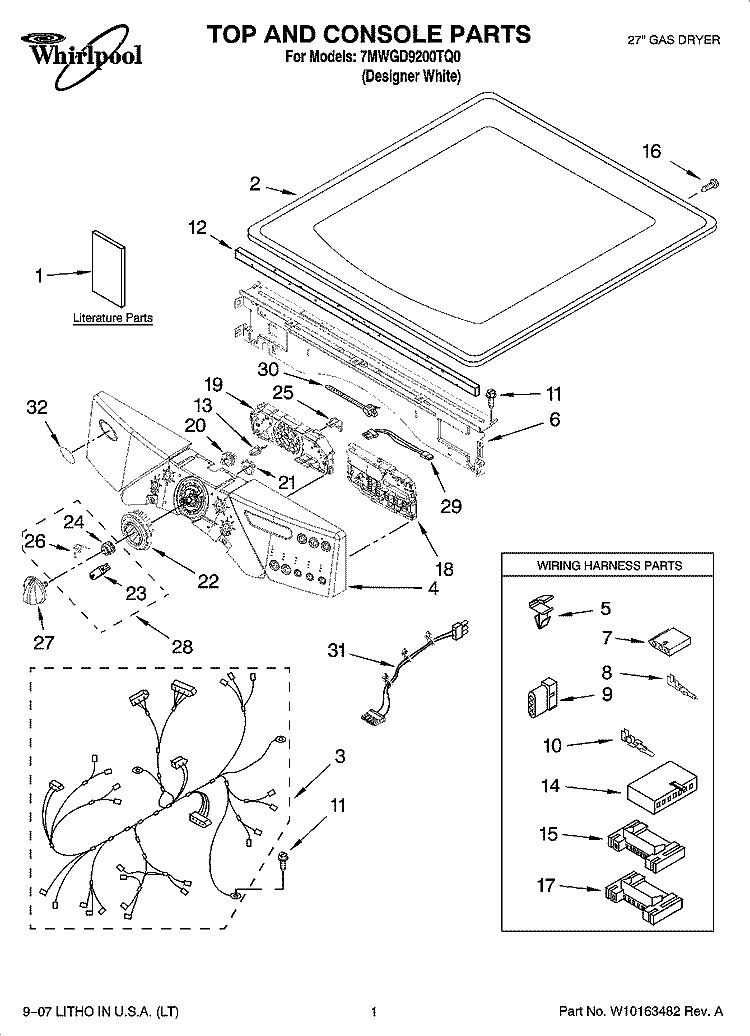 TOP AND CONSOLE PARTS Diagram and Parts List for 7MWGD9200TQ0  Whirlpool Dryer