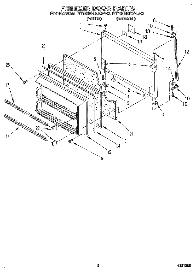 FREEZER DOOR Diagram and Parts List for RT18BMXAW00  Roper Refrigerator