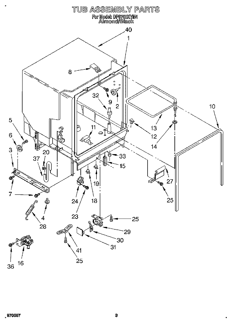 TUB ASSEMBLY Diagram and Parts List for DP8700XYN4  Whirlpool Dishwasher