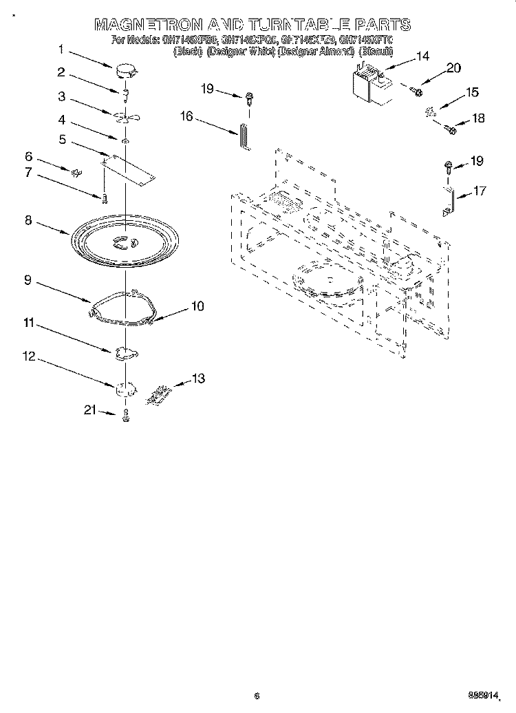 MAGNETRON AND TURNTABLE Diagram and Parts List for GH7145XFB0  Whirlpool Microwave