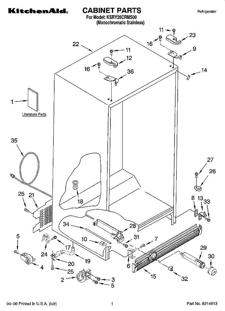CABINET PARTS Diagram and Parts List for KSRY25CRMS00  KitchenAid Refrigerator