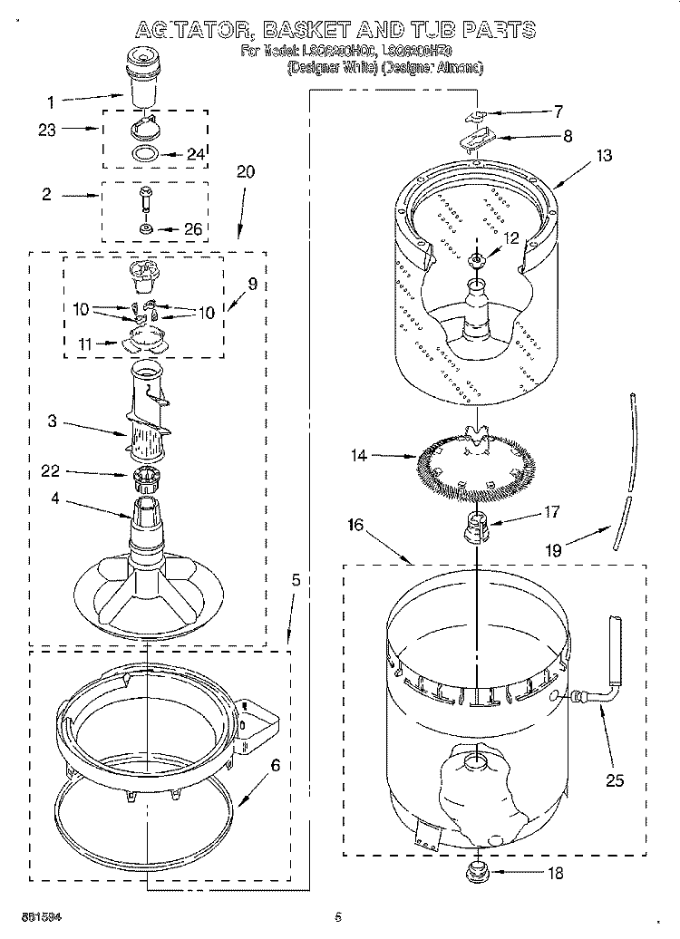 AGITATOR, BASKET AND TUB Diagram and Parts List for LSQ8200HQ0  Whirlpool Washer