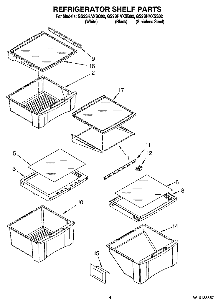 REFRIGERATOR SHELF PARTS Diagram and Parts List for GS2SHAXSQ02  Whirlpool Refrigerator