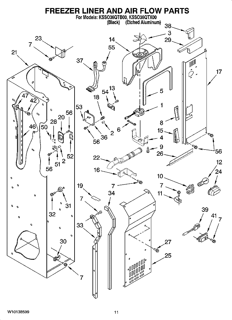 FREEZER LINER AND AIR FLOW PARTS Diagram and Parts List for KSSO36QTX00  KitchenAid Refrigerator