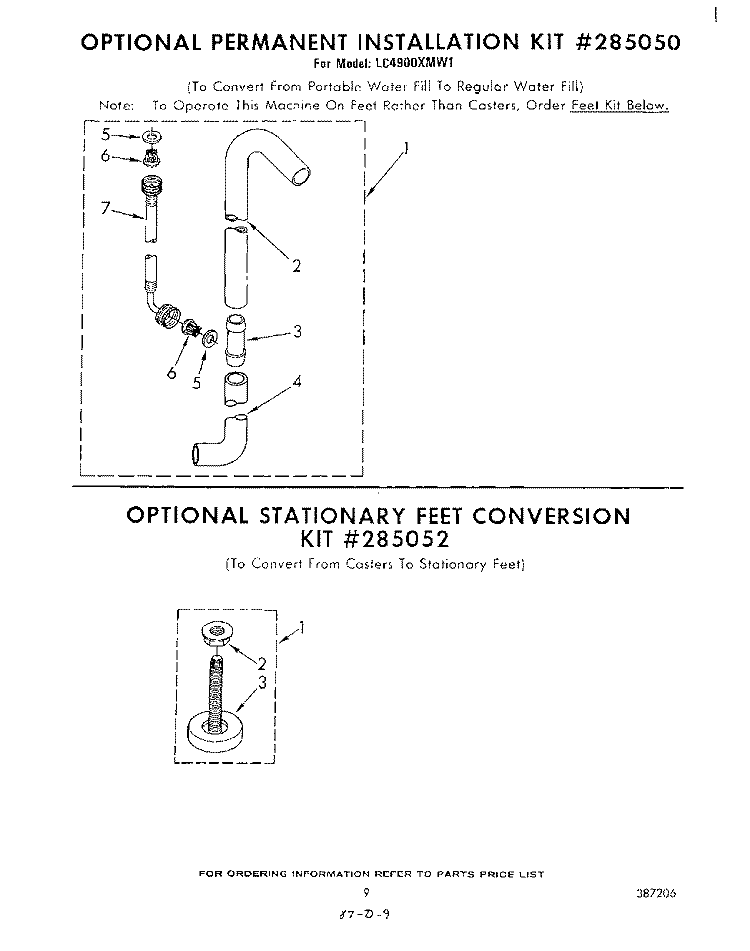 PERMANENT INSTALLATION KIT 285050 Diagram and Parts List for LC4900XMW1  Whirlpool Washer