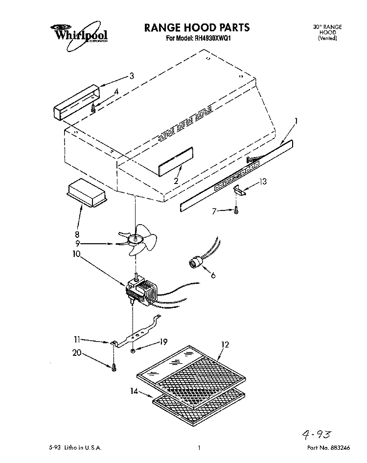 SECTION Diagram and Parts List for RH4930XWQ1  Whirlpool Range Hood