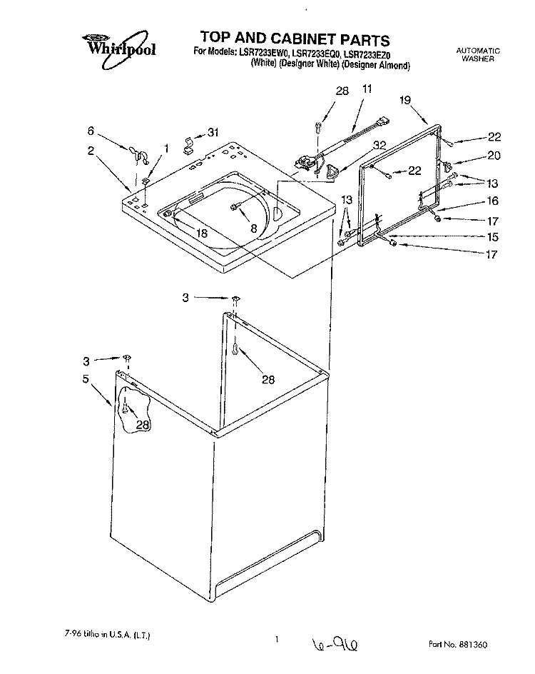 TOP AND CABINET Diagram and Parts List for LSR7233EQ0  Whirlpool Washer
