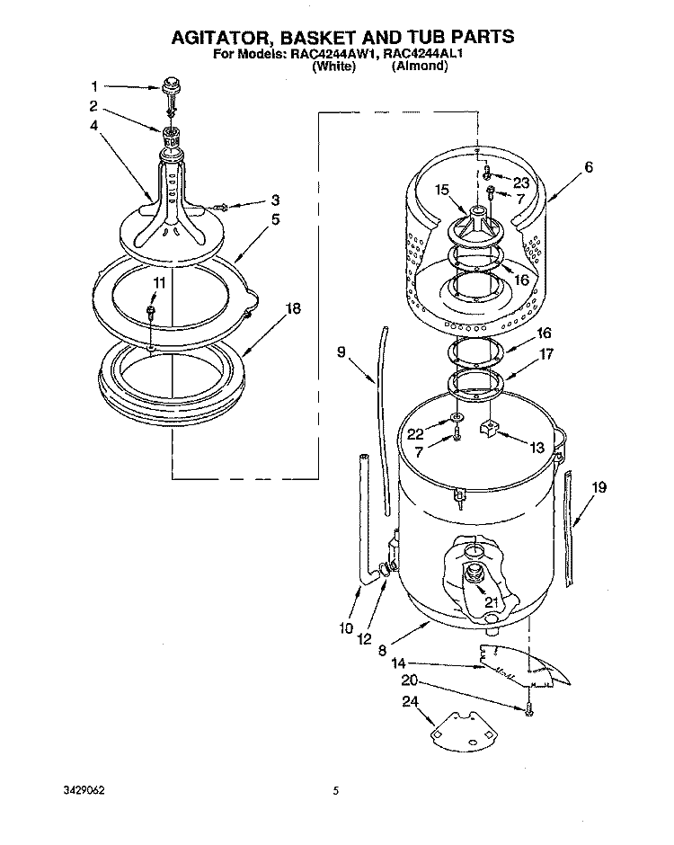 AGITATOR BASKET AND TUB Diagram and Parts List for RAC4244AW1  Whirlpool Washer