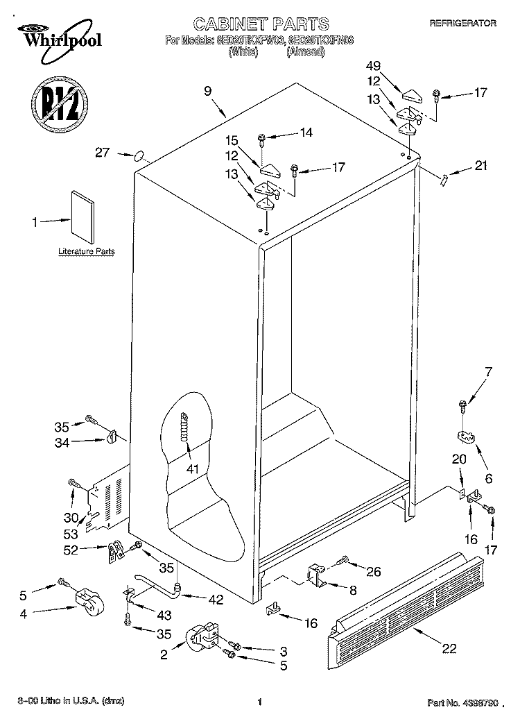 CABINET, LITERATURE Diagram and Parts List for 8ED20TKXFW03  Whirlpool Refrigerator
