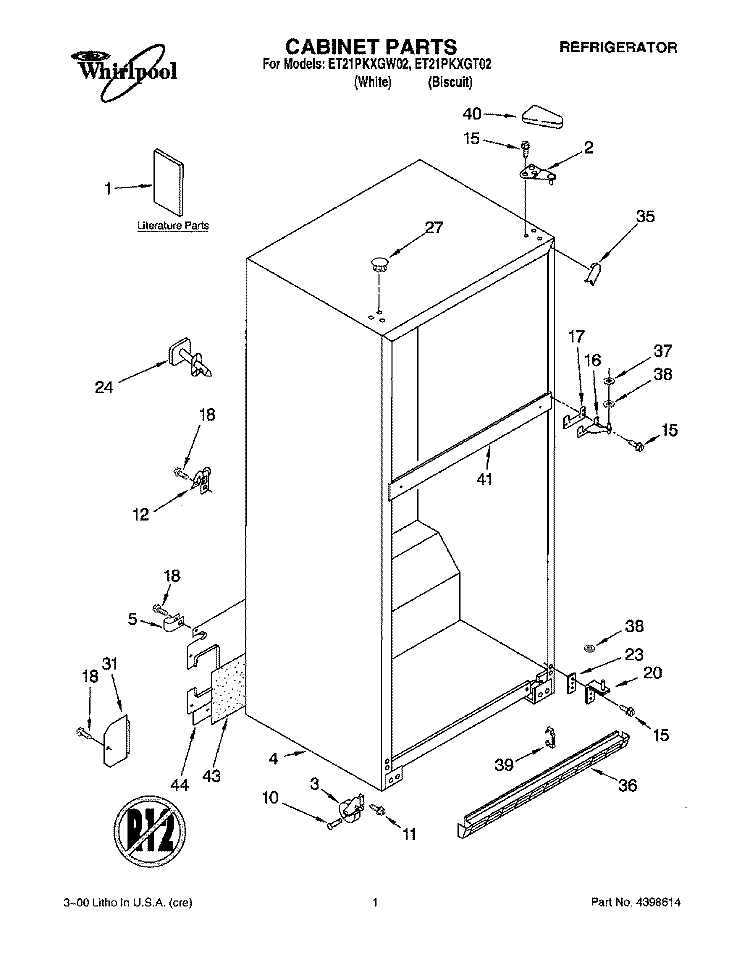 CABINET, LITERATURE Diagram and Parts List for ET21PKXGT02  Whirlpool Refrigerator