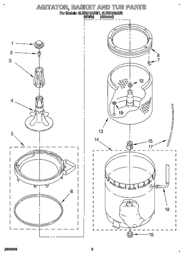 AGITATOR, BASKET AND TUB Diagram and Parts List for 6LBR5132AN1  Whirlpool Washer