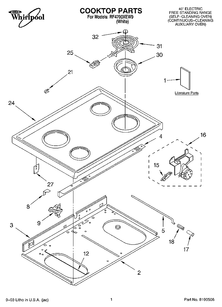 COOKTOP PARTS Diagram and Parts List for RF4700XEW9  Whirlpool Range