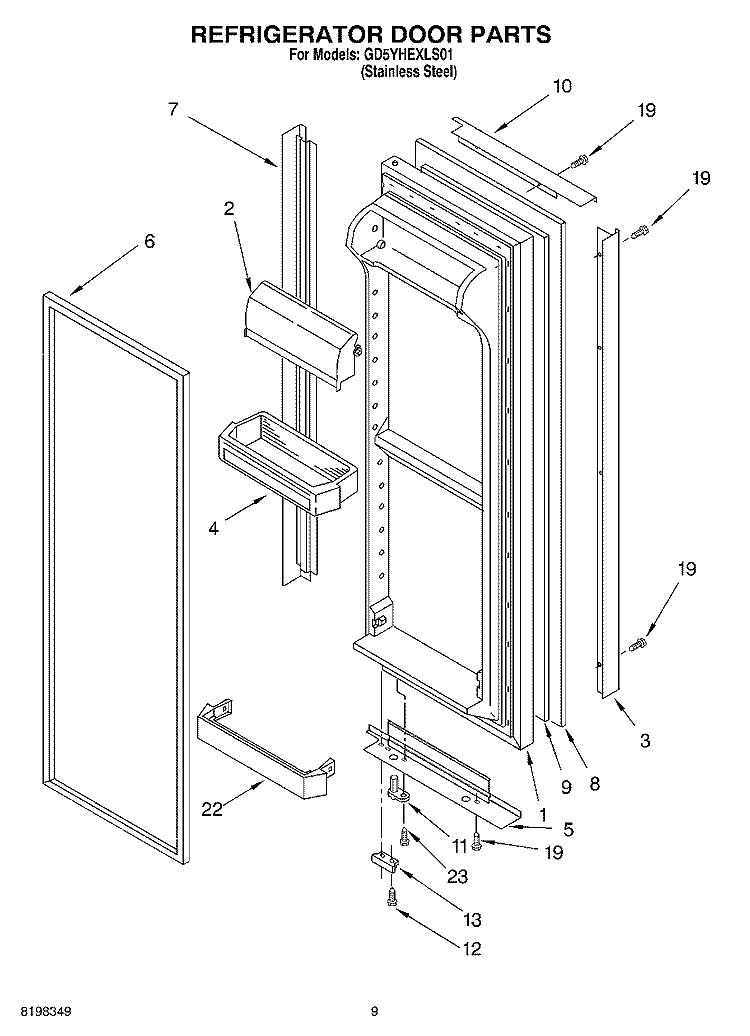 REFRIGERATOR DOOR PARTS Diagram and Parts List for GD5YHEXLS01  Whirlpool Refrigerator