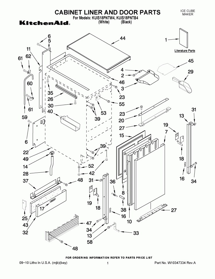 CABINET LINER AND DOOR PARTS Diagram and Parts List for KUIS18PNTW4  KitchenAid Ice Maker