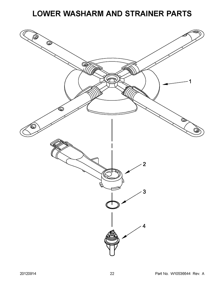 LOWER WASHARM AND STRAINER PARTS Diagram and Parts List for KUDC10IBBL0  KitchenAid Dishwasher
