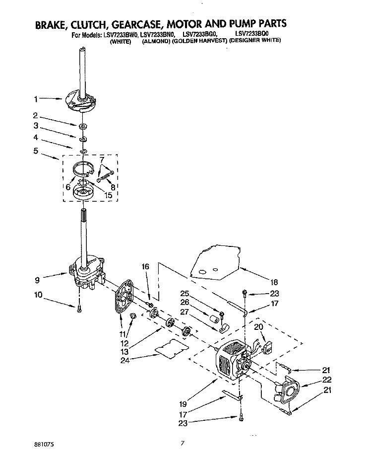 BRAKE, CLUTCH, GEARCASE, MOTOR & PUMP Diagram and Parts List for LSV7233BQ0  Whirlpool Washer