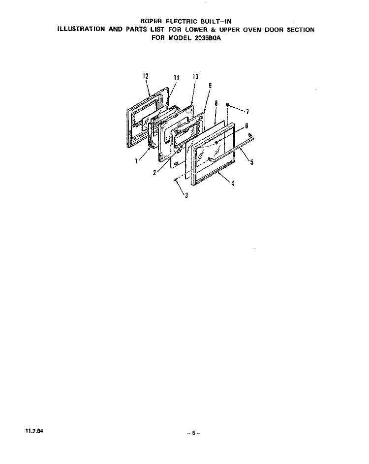 LOWER AND UPPER OVEN DOOR Diagram and Parts List for 2035B0A  Roper Range