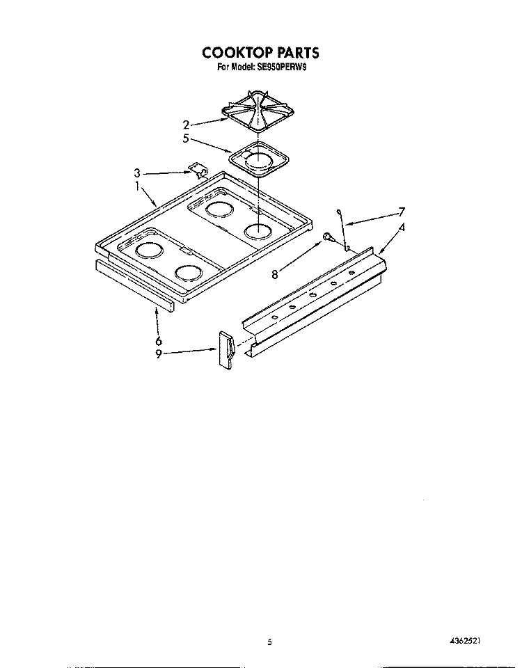 COOKTOP Diagram and Parts List for SE950PERW9  Whirlpool Range