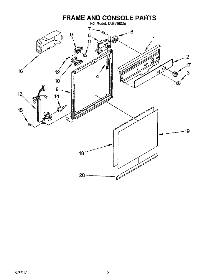 FRAME AND CONSOLE Diagram and Parts List for DU8016XX5  Whirlpool Dishwasher