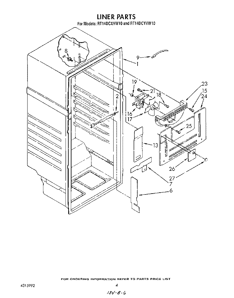 LINER Diagram and Parts List for RT14DCXVW10  Roper Refrigerator