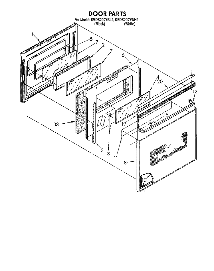 DOOR Diagram and Parts List for KEDS200YWH2  KitchenAid Range