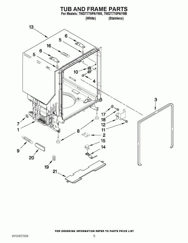 TUB AND FRAME PARTS Diagram and Parts List for 7WDT770PAYM0  Whirlpool Dishwasher