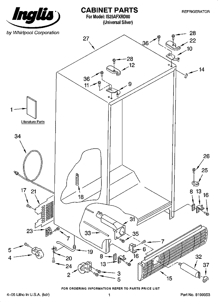 CABINET PARTS Diagram and Parts List for IS25AFXRD00  Inglis Refrigerator