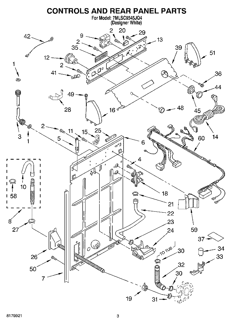 CONTROLS AND REAR PANEL PARTS Diagram and Parts List for 7MLSC9545JQ4  Whirlpool Washer