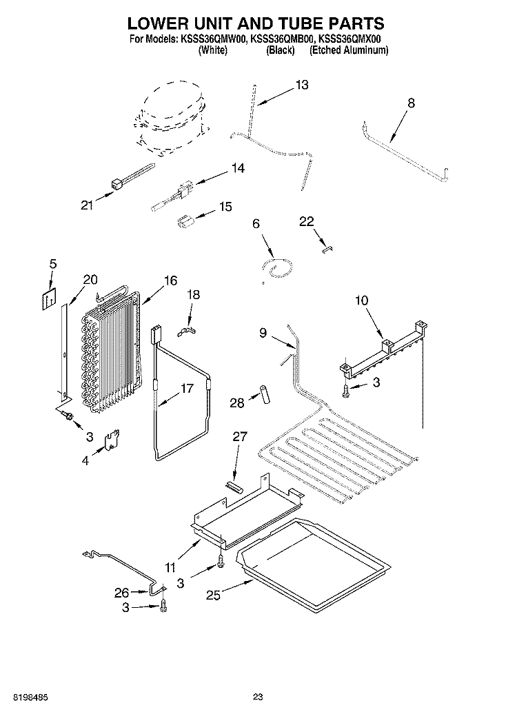 LOWER UNIT AND TUBE PARTS Diagram and Parts List for KSSS36QMB00  KitchenAid Refrigerator