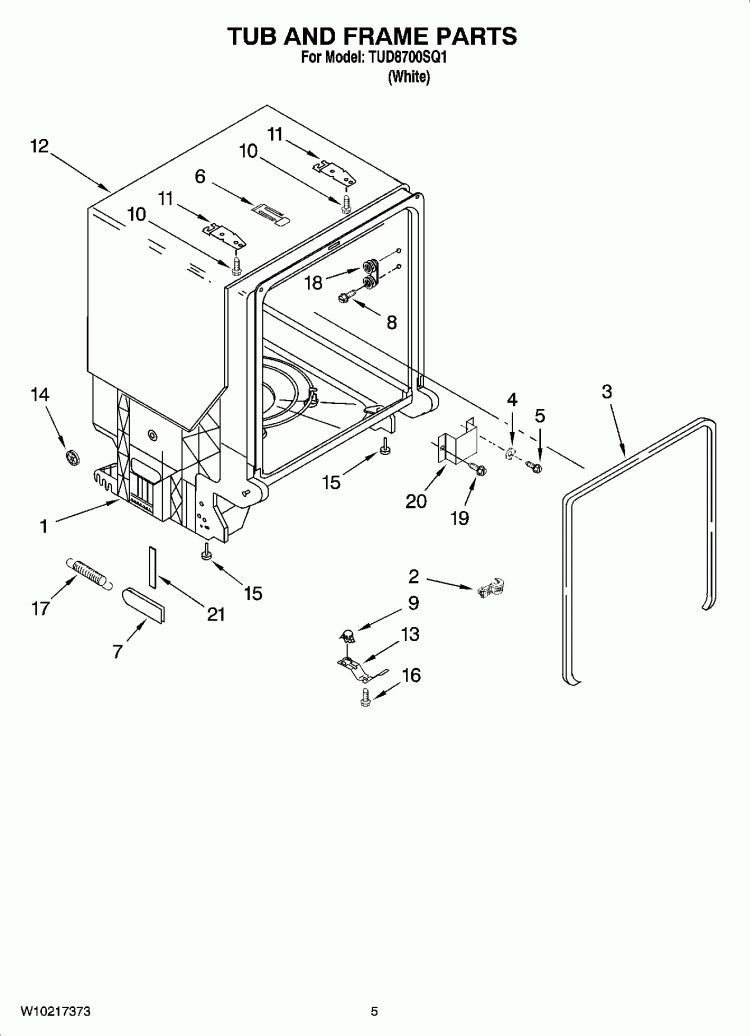 TUB AND FRAME PARTS Diagram and Parts List for TUD8700SQ1  Estate Dishwasher