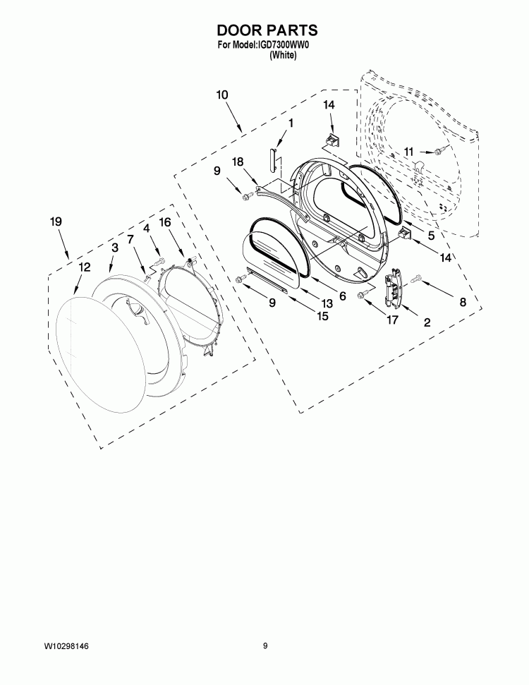 DOOR PARTS Diagram and Parts List for IGD7300WW0  Inglis Dryer