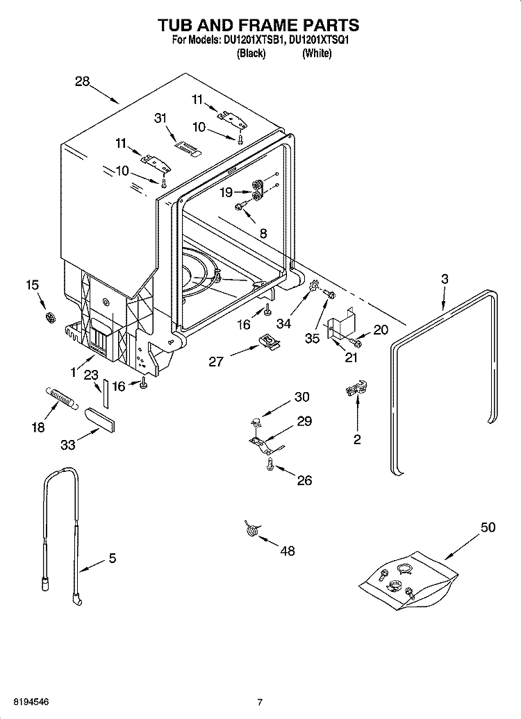 TUB AND FRAME PARTS Diagram and Parts List for DU1201XTSQ1  Whirlpool Dishwasher