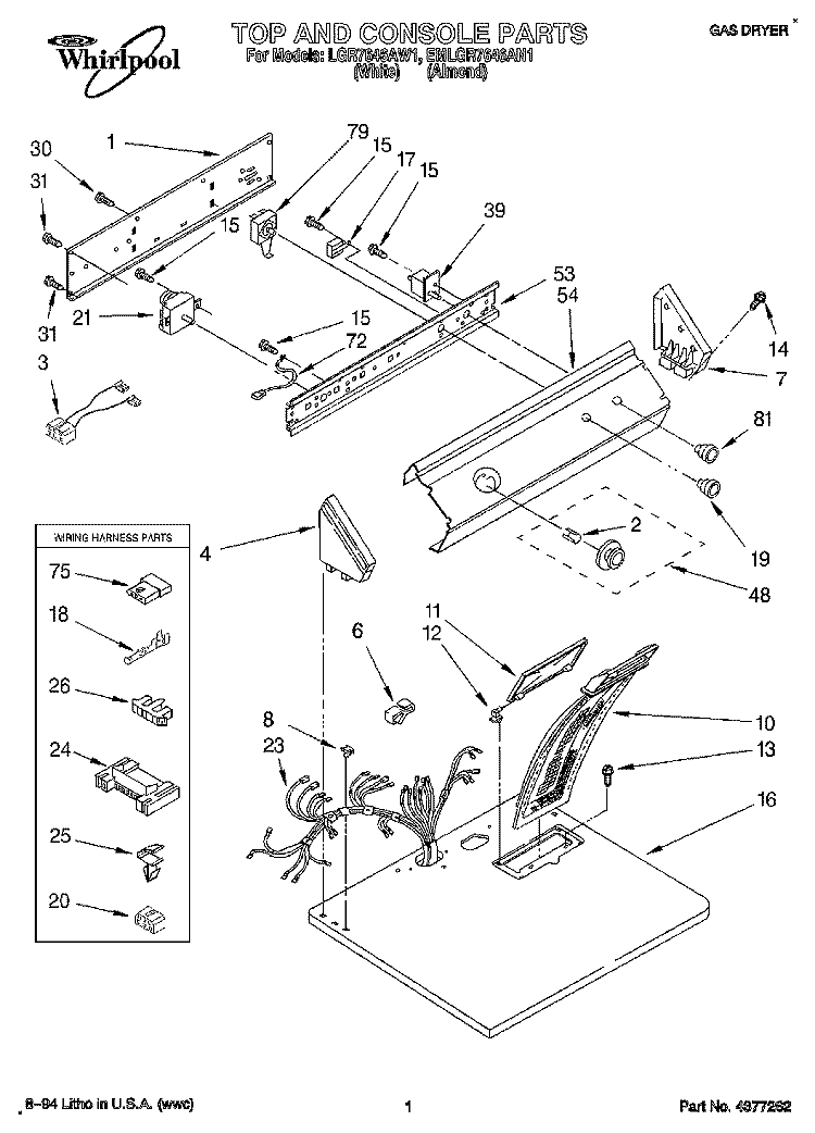 TOP AND CONSOLE, LIT/OPTIONAL Diagram and Parts List for LGR7646AN1  Whirlpool Dryer