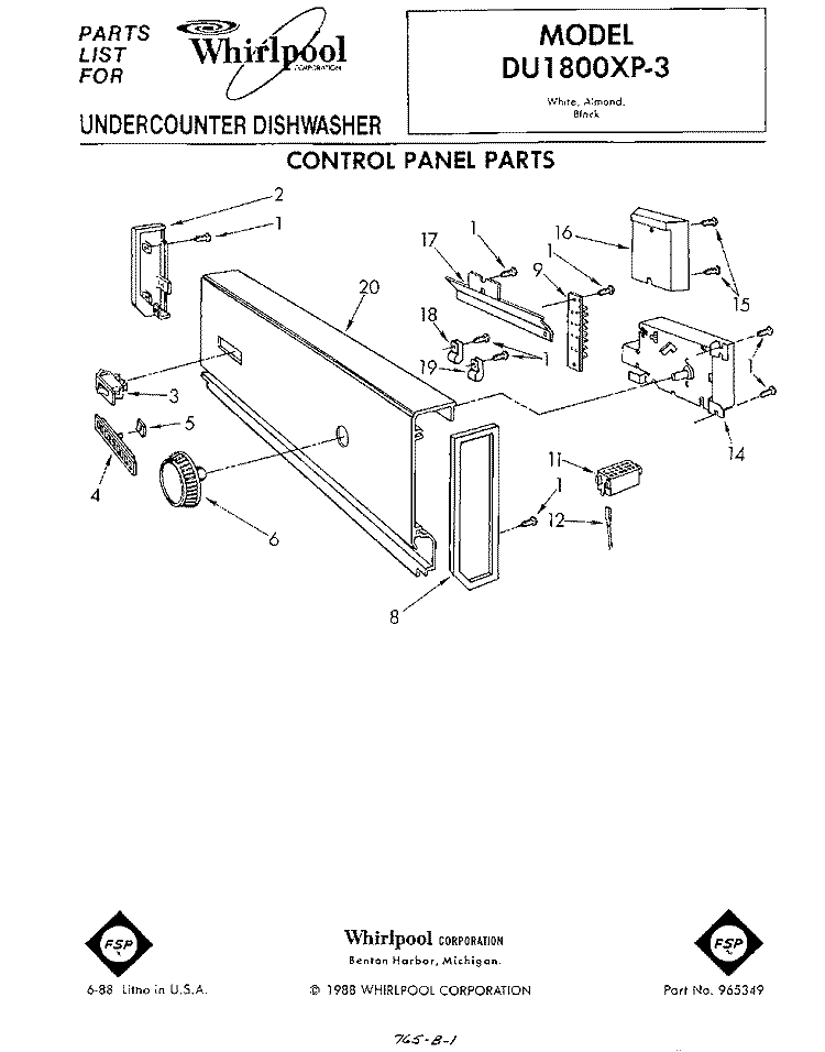 CONTROL PANEL Diagram and Parts List for DU1800XP3  Whirlpool Dishwasher