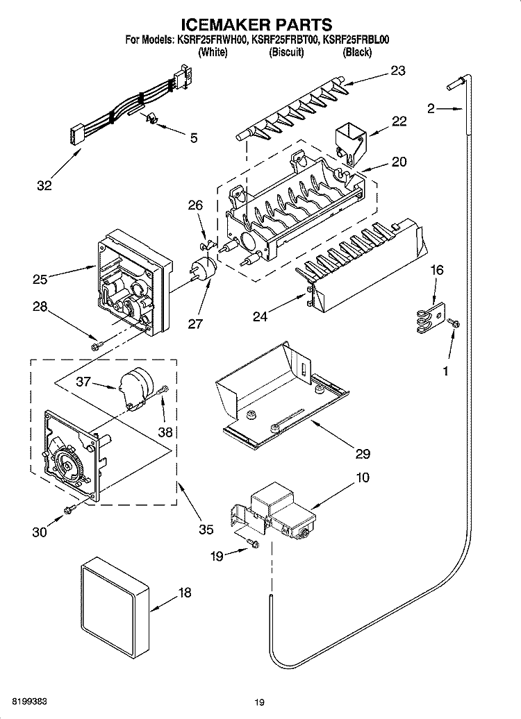 ICEMAKER PARTS, OPTIONAL PARTS Diagram and Parts List for KSRF25FRBL00  Whirlpool Refrigerator