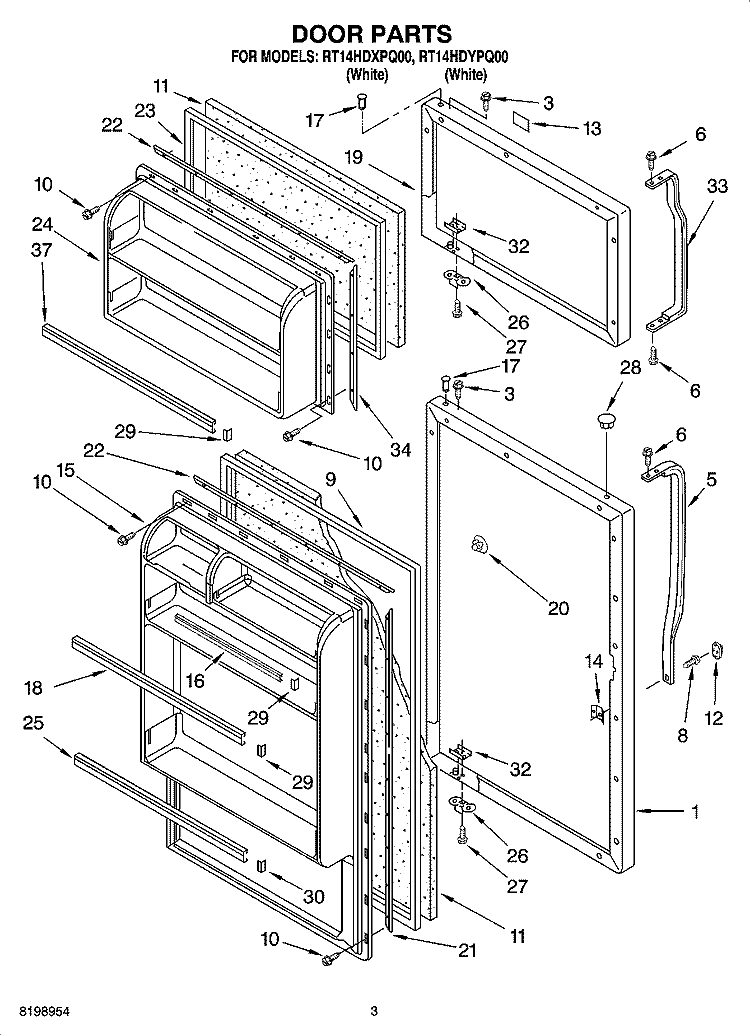 DOOR PARTS Diagram and Parts List for RT14HDYPQ00  Roper Refrigerator