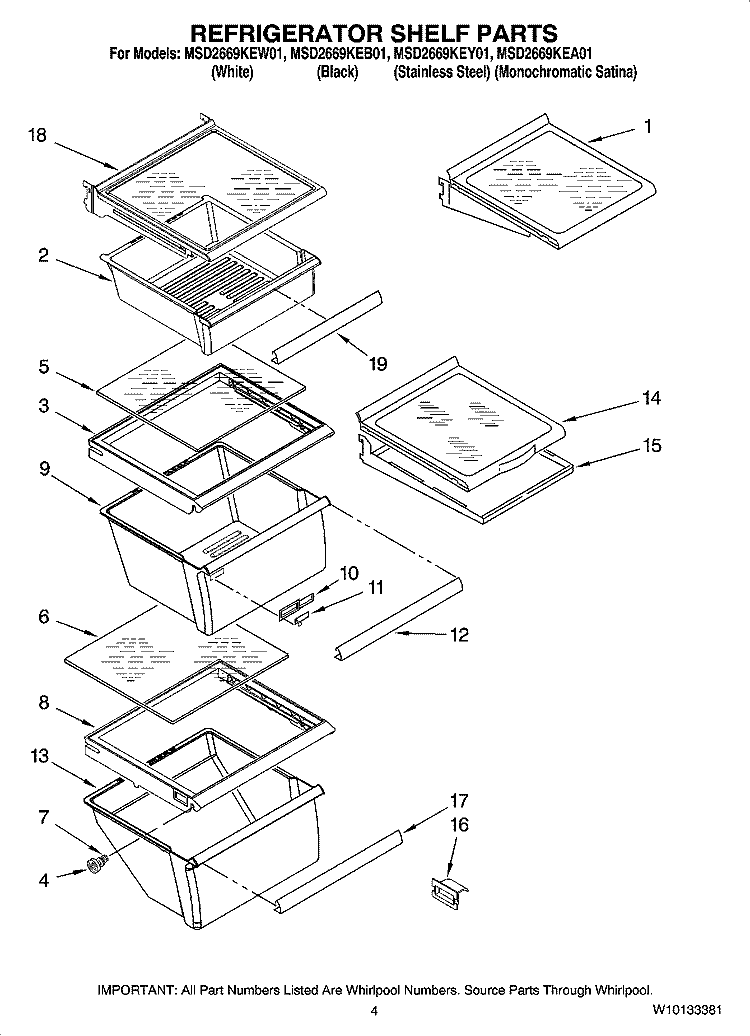 REFRIGERATOR SHELF PARTS Diagram and Parts List for MSD2669KEB01  Whirlpool Refrigerator