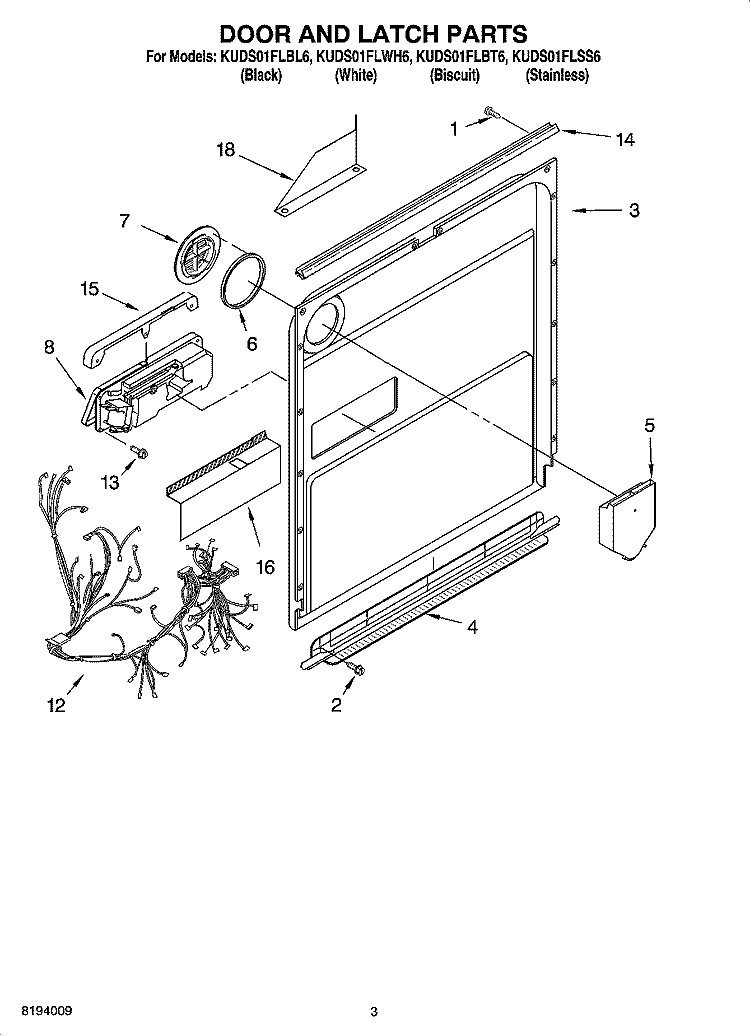 DOOR AND LATCH PARTS Diagram and Parts List for KUDS01FLSS6  KitchenAid Dishwasher
