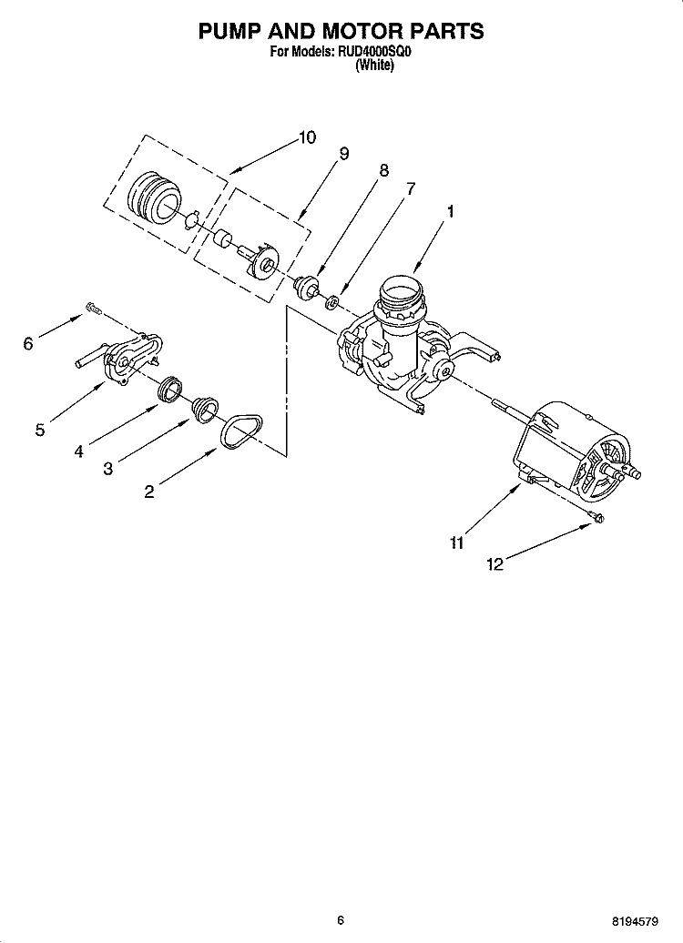 PUMP AND MOTOR PARTS Diagram and Parts List for RUD4000SQ0  Roper Dishwasher