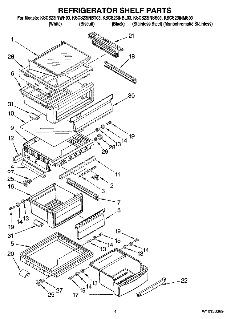 REFRIGERATOR SHELF PARTS Diagram and Parts List for KSCS23INBT03  KitchenAid Refrigerator