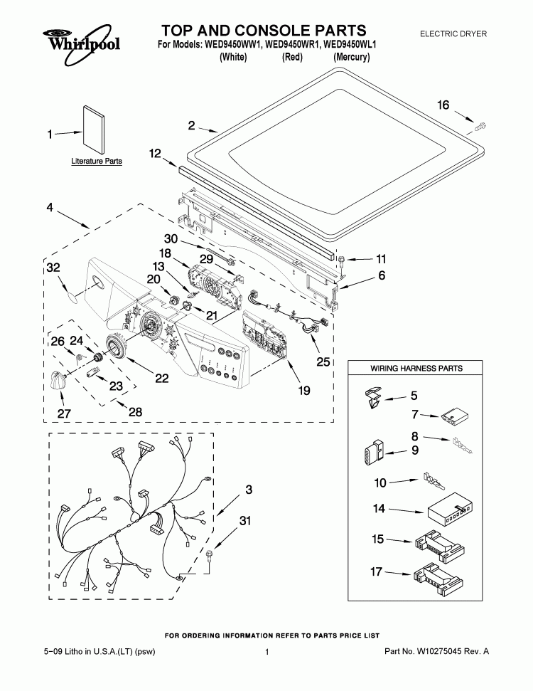 TOP AND CONSOLE PARTS Diagram and Parts List for WED9450WL1  Whirlpool Dryer